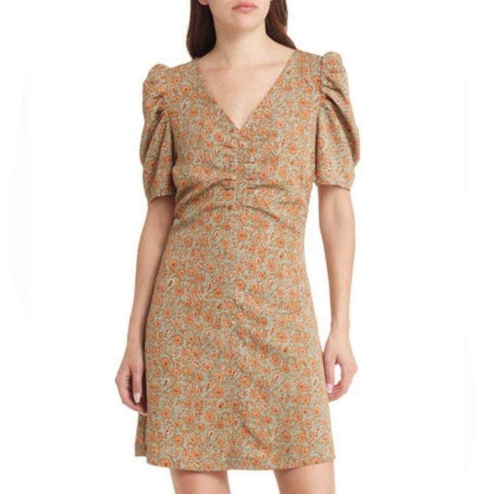 Treasure & Bond NWOT❗️Floral Puff-Sleeve V-Neck Mini Dress - Orange Floral